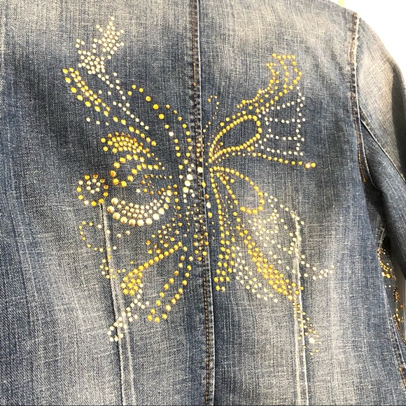 Blue Denim Distressed Gold Butterfly Jean Jacket by Marciano/Guess size Small - Picture 7 of 13